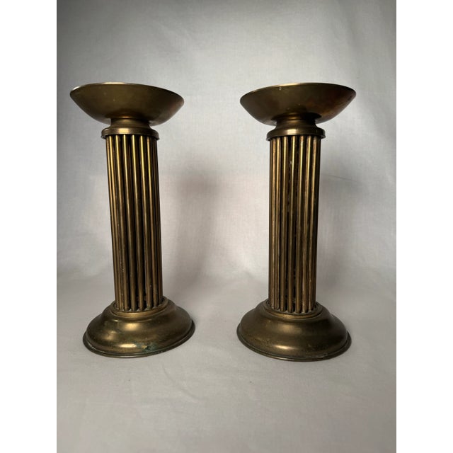 Mid 20th Century Hollywood Regency Column Brass Pillar Candle Holders, a Pair For Sale - Image 5 of 12