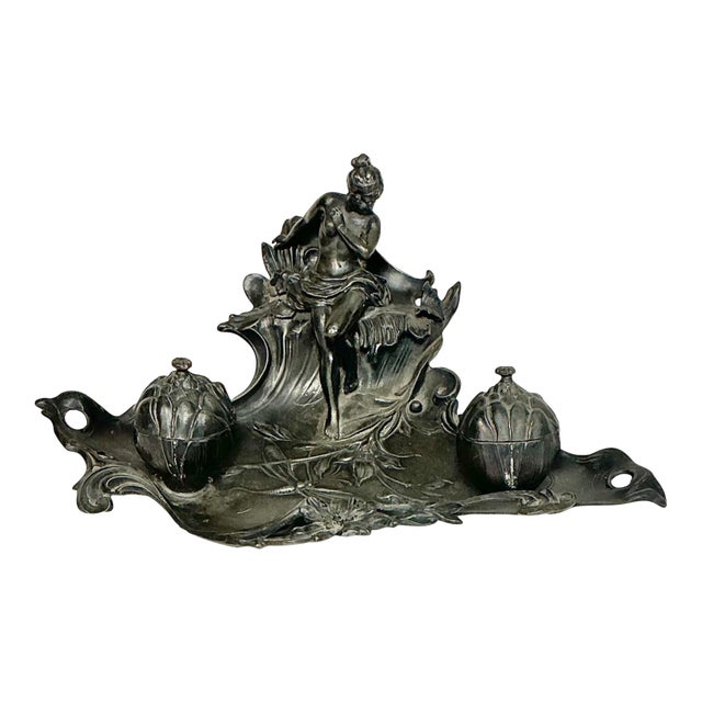 Antique Art Nouveau Pewter Double Inkwell Naked Woman Dragonfly, C. 1880s-1900s For Sale
