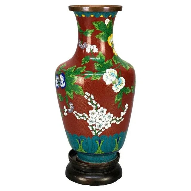 Antique Chinese Cloissone Enameled Vase with Bronze Base, Garden Themed, Circa 1900 For Sale - Image 11 of 11