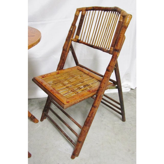 Vintage 1970s Faux Tortoise Bamboo Folding Table and Chairs Bistro Set of 3 For Sale - Image 4 of 7