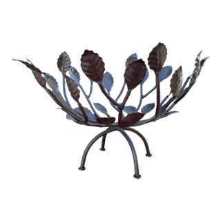 Vintage Brutalist Hand Forged Metal Leaf Centerpiece Bowl Sculpture For Sale