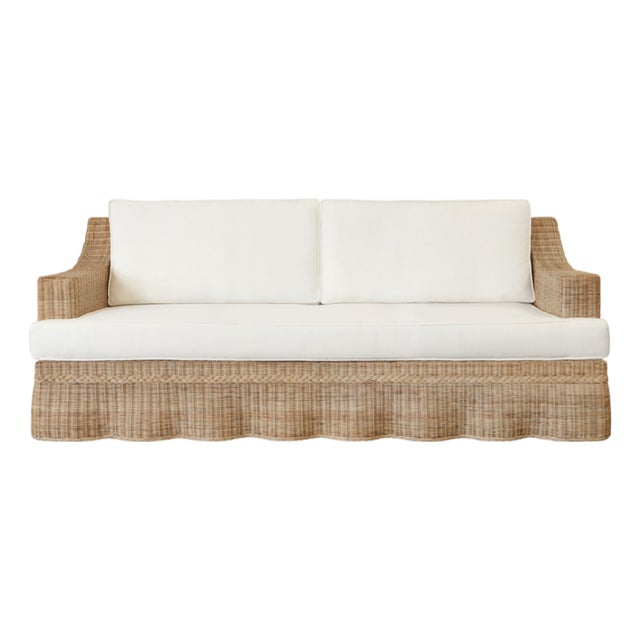 Matthew Izzo Home Daphne Lawson Style Natural Rattan Sofa With Ivory Linen Cushions For Sale