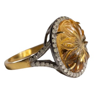 1990s Carved Citrine and Diamond Dome Ring, Size 6.75 For Sale