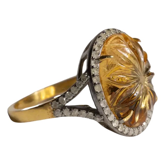 1990s Carved Citrine and Diamond Dome Ring, Size 6.75 For Sale