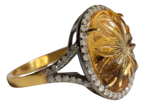 Carved Citrine and Diamond Dome Ring, Size 6.75
