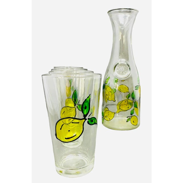 Mid-Century Modern Vintage Cresi Hand Painted Lemons Carafe With Glasses a Set of 5 For Sale - Image 3 of 10