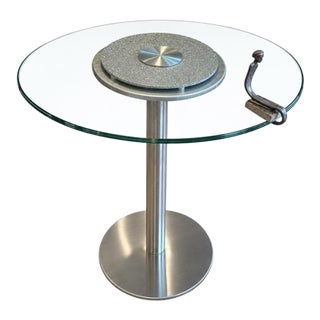 Silvia Stein Signed Art Installation Glass & Steel Table With Pewter Figurine For Sale