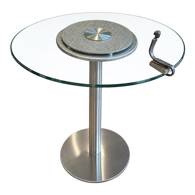 Silvia Stein Signed Art Installation Glass & Steel Table With Pewter Figurine For Sale
