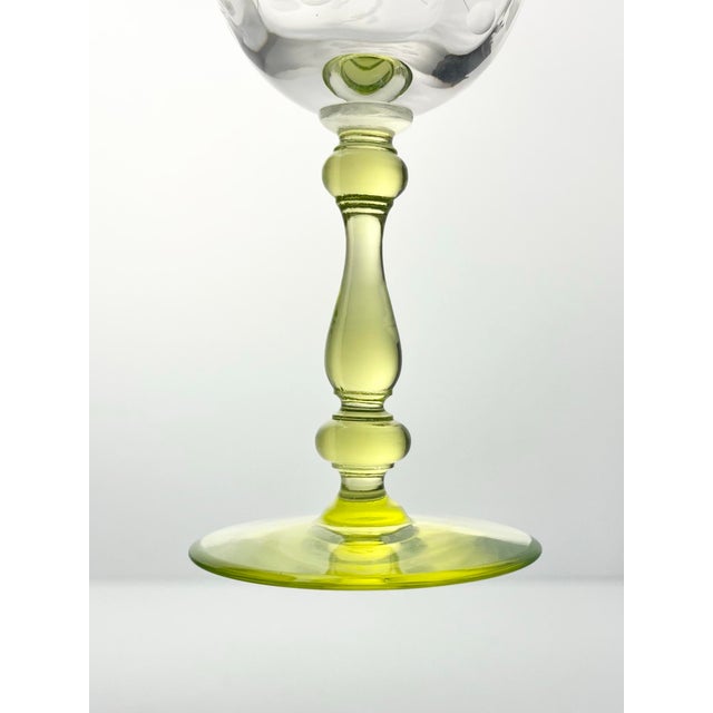 Yellow 1930s Vaseline-Uranium Etched Flowers Optic Coupe Champagne Glasses - Set of 3 For Sale - Image 8 of 8