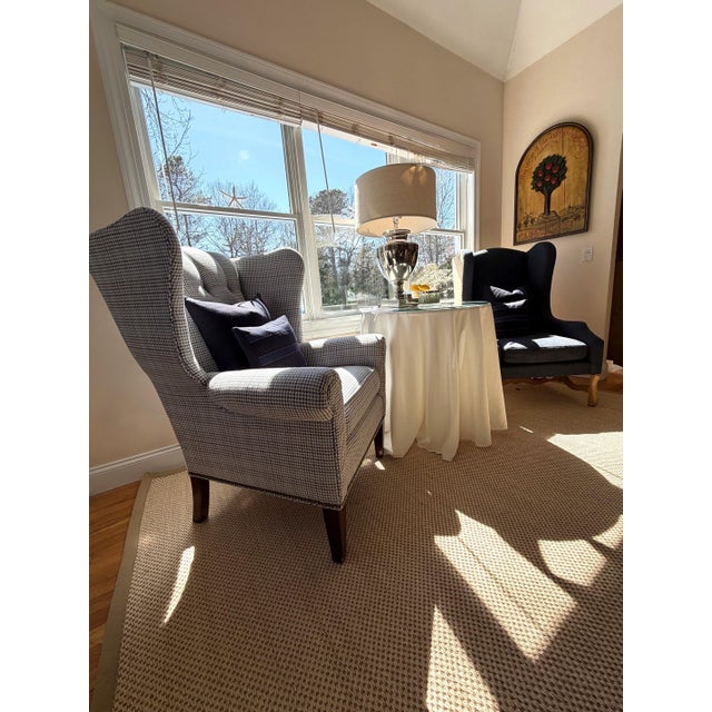 A Pair, Blue Wingback Chairs by Restoration Hardware and Mitchell Gold and Bob Williams For Sale - Image 9 of 18