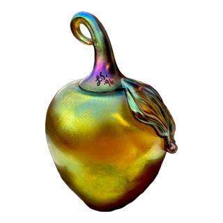 Signed 1996 Lundberg Studios Iridescent Gold Apple-Hand Blown Art Glass Paperweight For Sale
