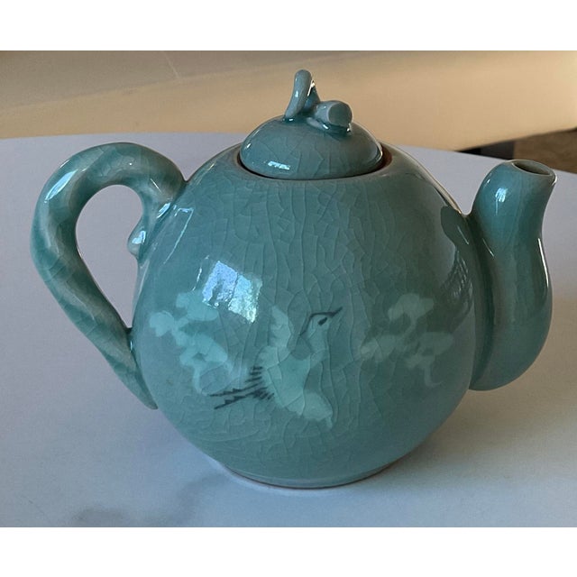 Gray Blue Celadon Style Tea Cups With Wooden Coasters - 4pcs For Sale - Image 8 of 9