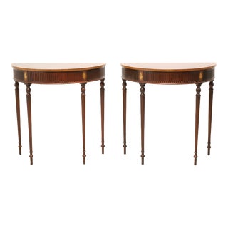 Late 20th Century Mahogany Yew Banded Sheraton Style Demilune Console Tables - Pair For Sale