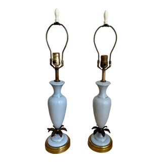 Vintage Pale Blue Opaline Glass & Brass Palm Leaf Table Lamps - a Pair For Sale