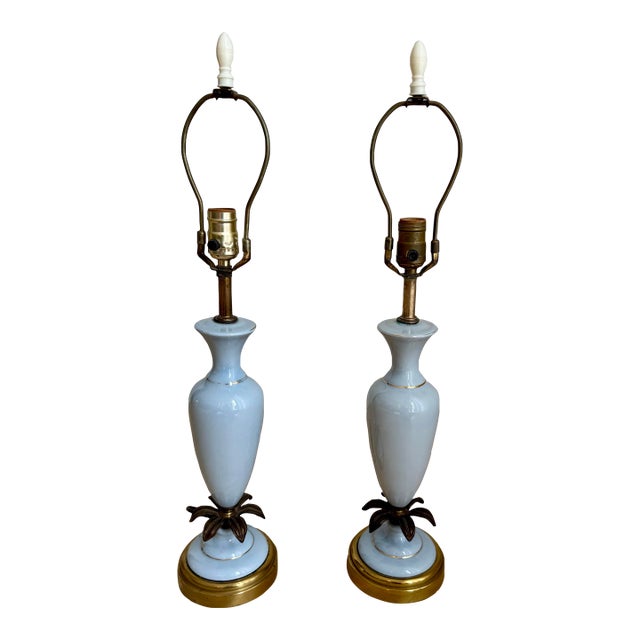 Vintage Pale Blue Opaline Glass & Brass Palm Leaf Table Lamps - a Pair For Sale
