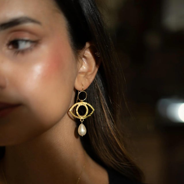 Gold Guardian Eye Pearl Dangle Earrings, A Pair For Sale - Image 8 of 9