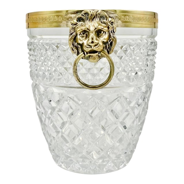 Vintage Saint Louis Attributed Lion Head Crystal Ice Bucket Gilded Edge For Sale