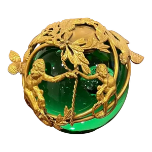 Early 20th Century French Ormolu Monkey Motif Green Crystal Controlled Bubble Paperweight