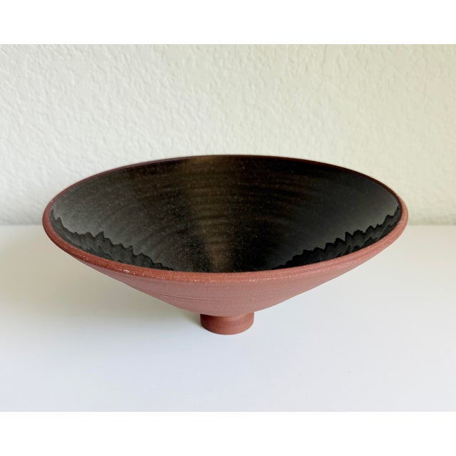 Ceramic Contemporary Footed Bowl, Red Clay & Gray Glaze For Sale - Image 7 of 9