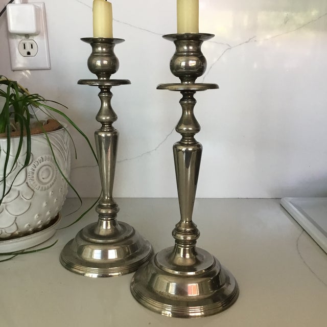 Metal Vintage Tall Silver plateCandle Holder Pair For Sale - Image 7 of 7