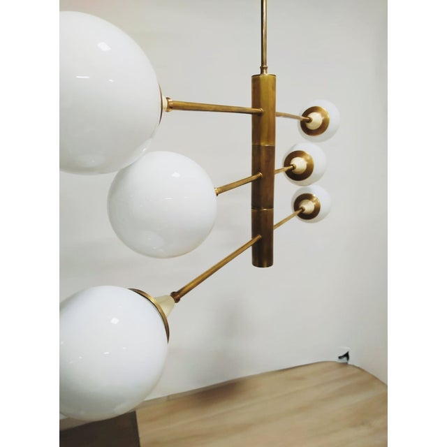 1960s Mid-Century Brass Chandelier with 6 Opaline Spheres, Italy, 1960s For Sale - Image 5 of 14