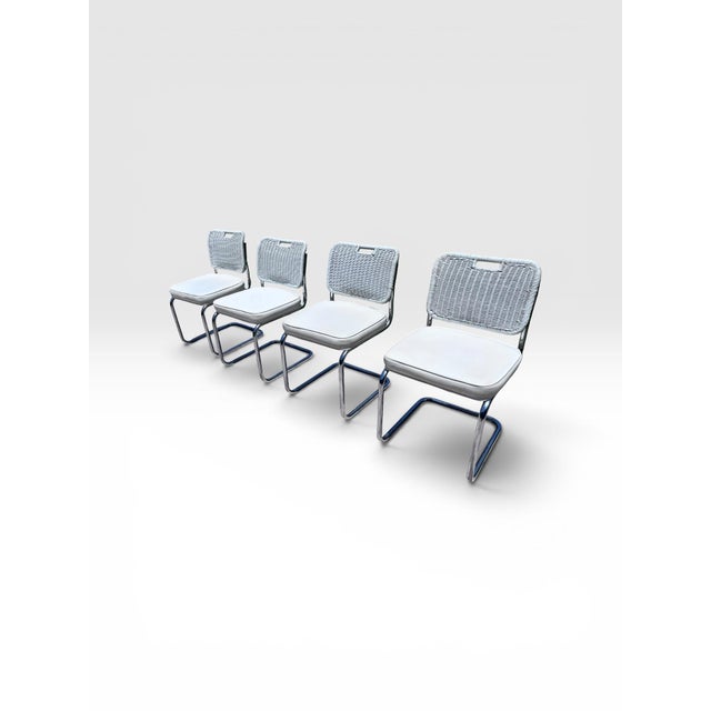 Vintage Set of Four Chrome Cantilever Dining Chairs With White Woven Rattan Backs For Sale - Image 4 of 11