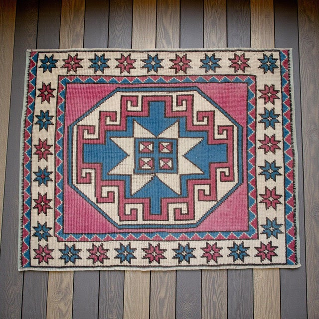 eBay Title: Vintage Turkish Pink Blue Small Rug Mat Hand Knotted Eastern Anatolia 2'7"x3'4" Welcome to our curated...