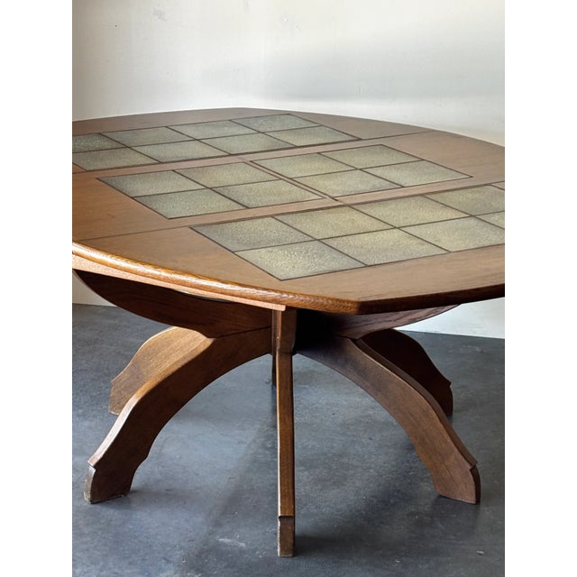 Curved Hexagon Oak & Tile Dining Table Germany 1960s For Sale - Image 4 of 9