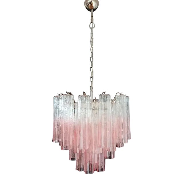 Murano Glass Tube Chandelier – 36 Glasses Transparent With Pink Shades Tube For Sale