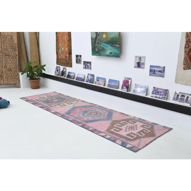 1970s Vintage Turkish Oushak Handmade Wool Cotton Pink Runner Rug For Sale - Image 4 of 12
