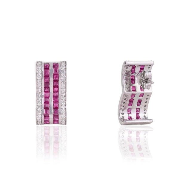 Ruby Red Contemporary Geometric Ruby & Diamond Hoop Earrings in 925 Sterling Silver, A Pair For Sale - Image 8 of 14