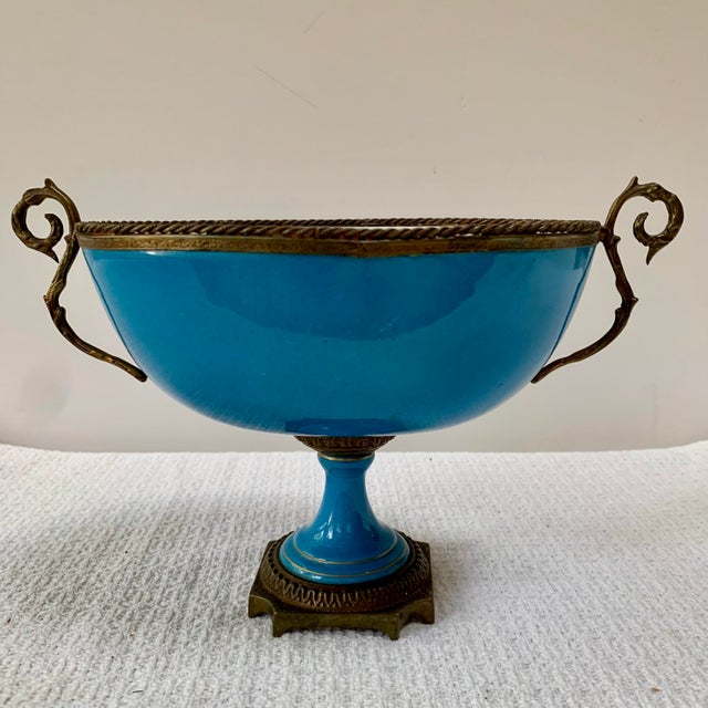 Manufacture de Sevres Antique French Sèvres-Style Turquoise Porcelain Compote With Gilt Bronze Mounts For Sale - Image 4 of 13