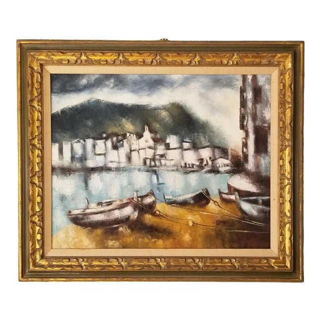 1970s Italian Boats Landscape Oil on Canvas Painting, Signed For Sale