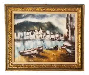 1970s Italian Boats Landscape Oil on Canvas Painting, Signed