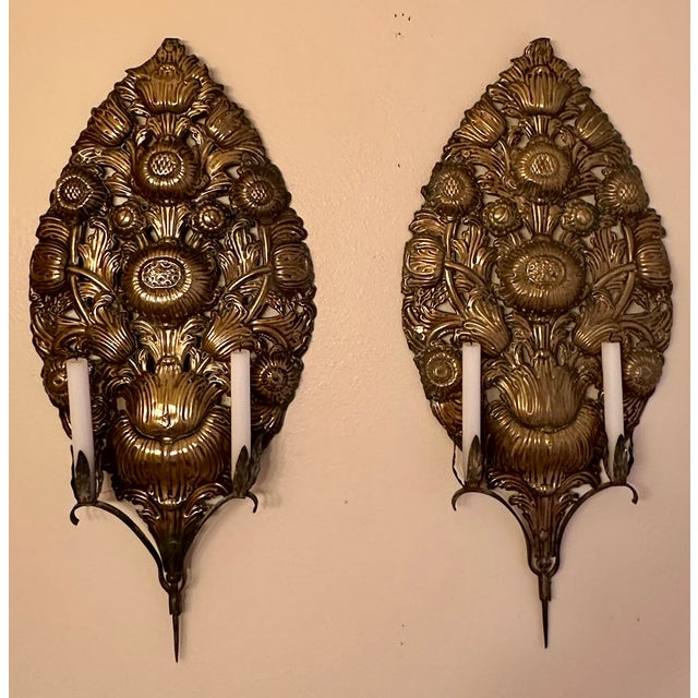 Metal 19th Century Italian Pair of Antique Brass Altar Palmettes For Sale - Image 7 of 15
