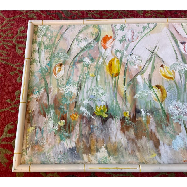 “Tiptoe Through the Tulips” | Large Vintage Floral Garden Painting in Faux Bamboo Frame | 50” For Sale In Naples, FL - Image 6 of 12
