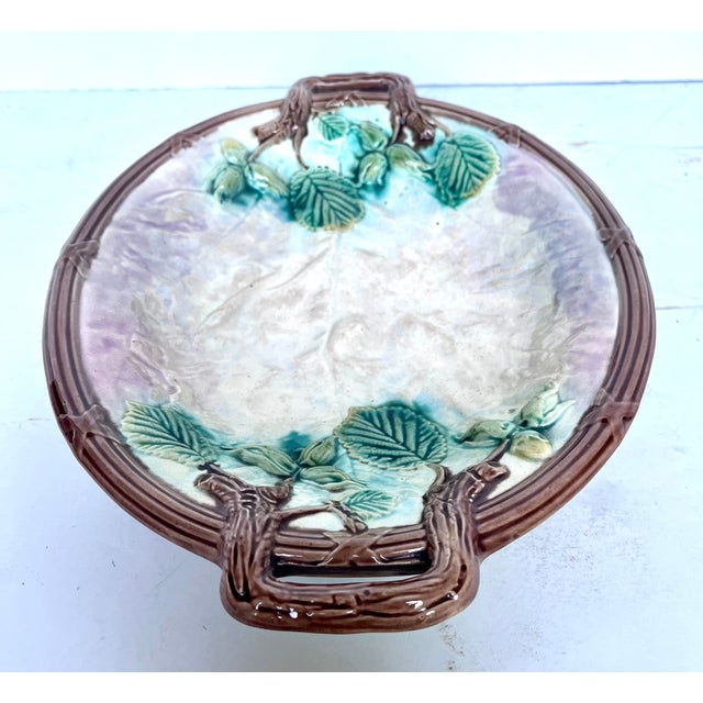 Antique French Majolica Hand Painted Double Handle Plate For Sale - Image 10 of 12