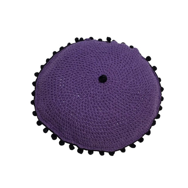Handmade Round Purple and Yellow Crochet Pillow With Tassels For Sale In New York - Image 6 of 8