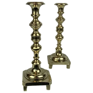 A Pair of Footed Russian Ninetenth Century Candlesticks in Solid Brass-10.75"