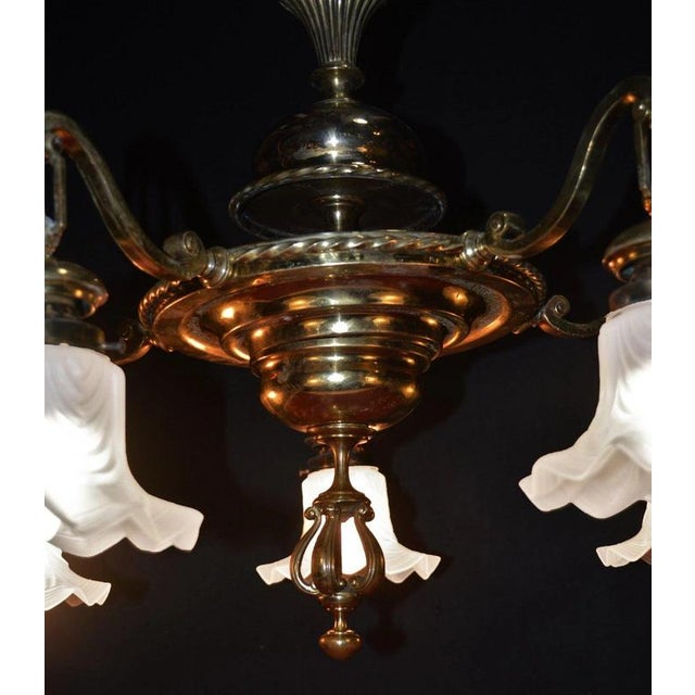 Art Deco French Brass Five-Light Chandelier with Opaline Glass Shades, 1920s For Sale - Image 13 of 18