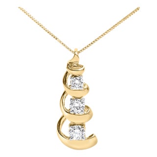 10k Yellow Gold 1/4 Cttw Diamond 3 Stone Swirl and Drop Pendant Necklace For Sale