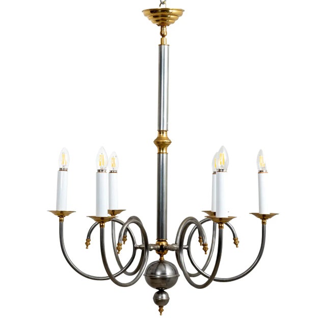 Silver Vintage Large Steel and Brass Six Arm Chandelier For Sale - Image 8 of 9