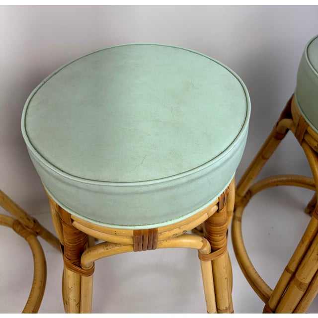 Wood 1960s Set of 4 Mid Century Cal-Asia Rattan Bar Stools With Mint Green Upholstered Seats For Sale - Image 7 of 8
