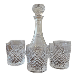 1990s Fascination Cristal De’ Flandre Decanter With Five Cristal D’ Arques Masquerade Glasses