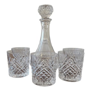 Cristal De’ Flandre Decanter With Five Cristal D’ Arques Masquerade Glasses For Sale