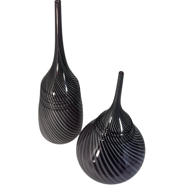 24 + In. Murano Style Purple White Applied Black Swirl Bulbous Art Glass Vase Set of 2 For Sale In New York - Image 6 of 14