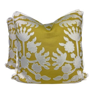 Schumacher "Cybele Embroidery" in Yellow 22" Pillows-a Pair For Sale