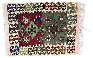Small Vintage Turkish Red, Green, Beige, and Black Wool Kilim Rug, 1950s