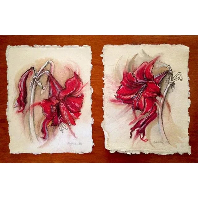 "Amaryllis 2" Original Botanical Mixed Media Drawing on Handmade Paper For Sale - Image 4 of 5