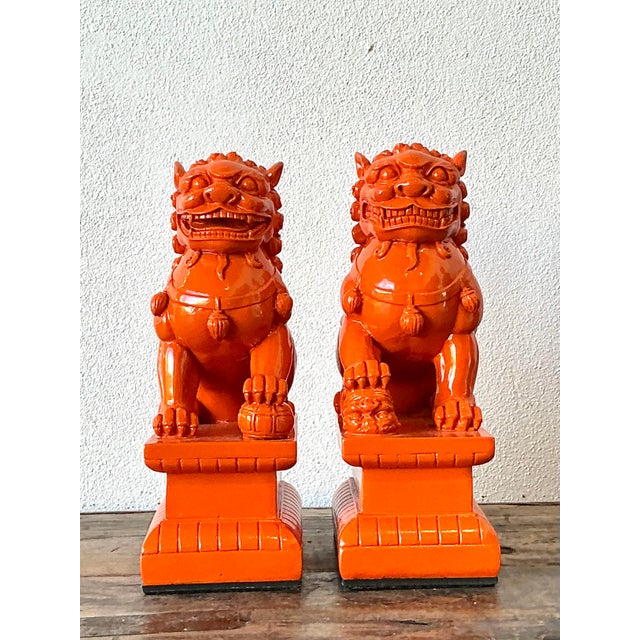 Chinoiserie Vintage Lacquered Orange Foo Dogs - A Pair For Sale - Image 3 of 12